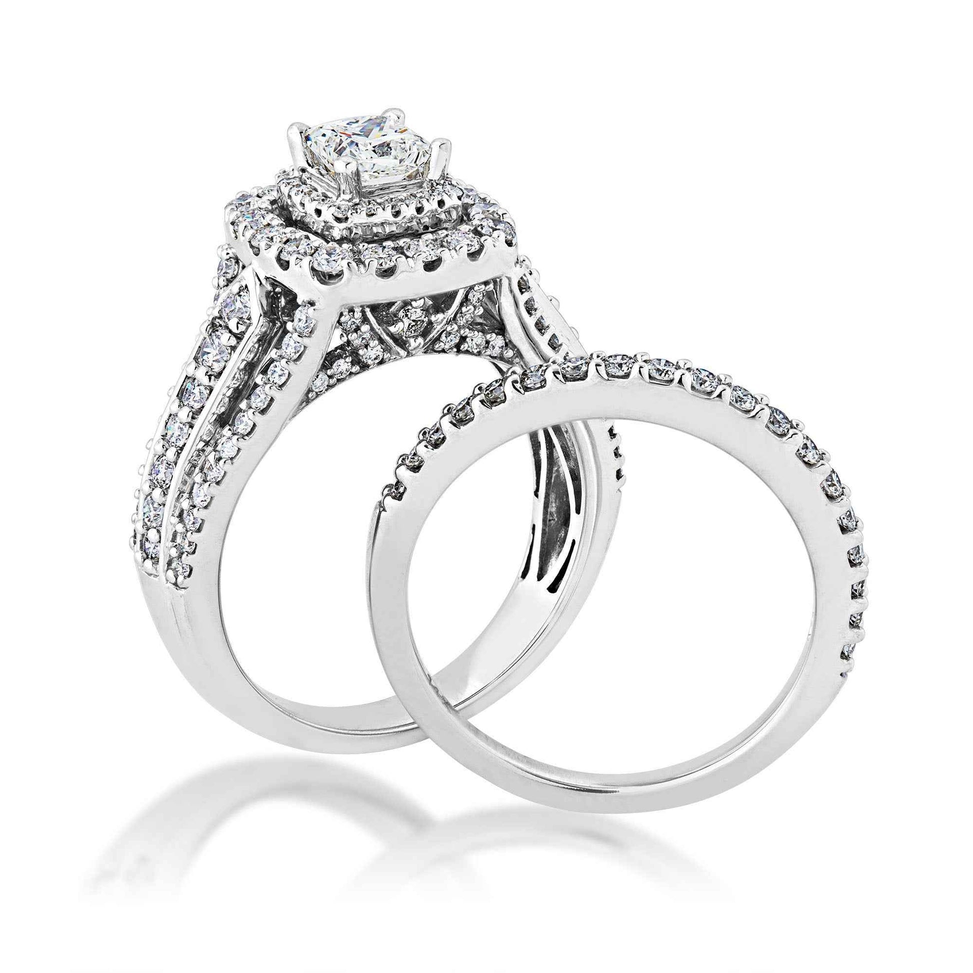 Natural 1-3/4 ct. tw. Princess Cut Diamond Double Halo Wedding Set in 14K White Gold close-up detail
