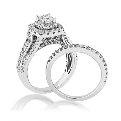 Natural 1-3/4 ct. tw. Princess Cut Diamond Double Halo Wedding Set in 14K White Gold close-up detail