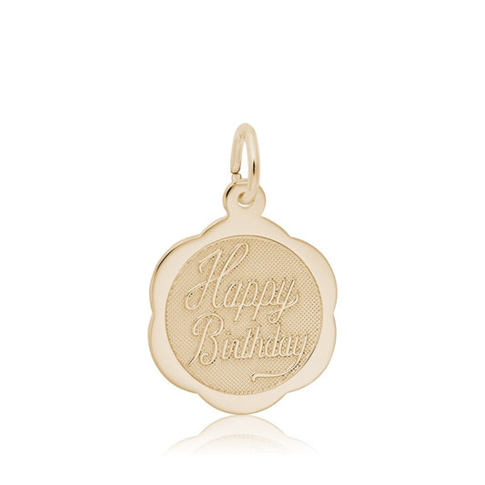 Happy Birthday Scalloped Disc Charm in 14K Yellow Gold