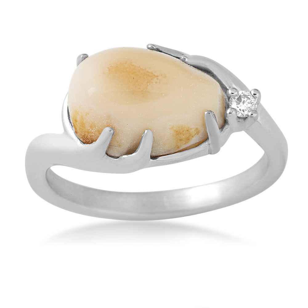 Ladies' Elk Ivory Cabochon Cut & .03 ct. tw. Diamond Ring with Antler Accented Setting in Sterling Silver