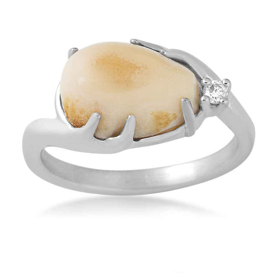 Ladies' Elk Ivory Cabochon Cut & .03 ct. tw. Diamond Ring with Antler Accented Setting in Sterling Silver