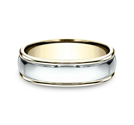 Benchmark Men's 6.0mm Wedding Band with Polished Center in 14K White and Yellow Gold
