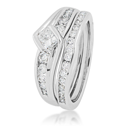 Natural 1 ct. tw. Princess Cut Wedding Set in 10K White Gold front view