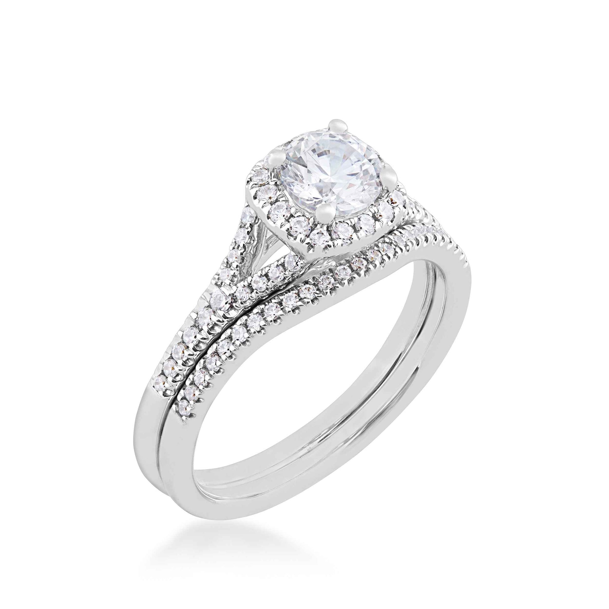 Natural 1-1/10 ct. tw. Round Diamond Halo Split Shank Wedding Set in 14K White Gold front view