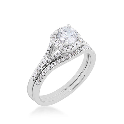 Natural 1-1/10 ct. tw. Round Diamond Halo Split Shank Wedding Set in 14K White Gold front view