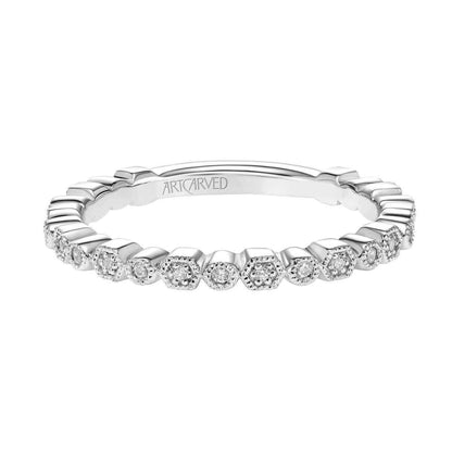 Artcarved Vintage 1/8 ct. tw. Round Diamond Wedding Band with Alternating Milgrain Faux Halo Shapes in 14K White Gold