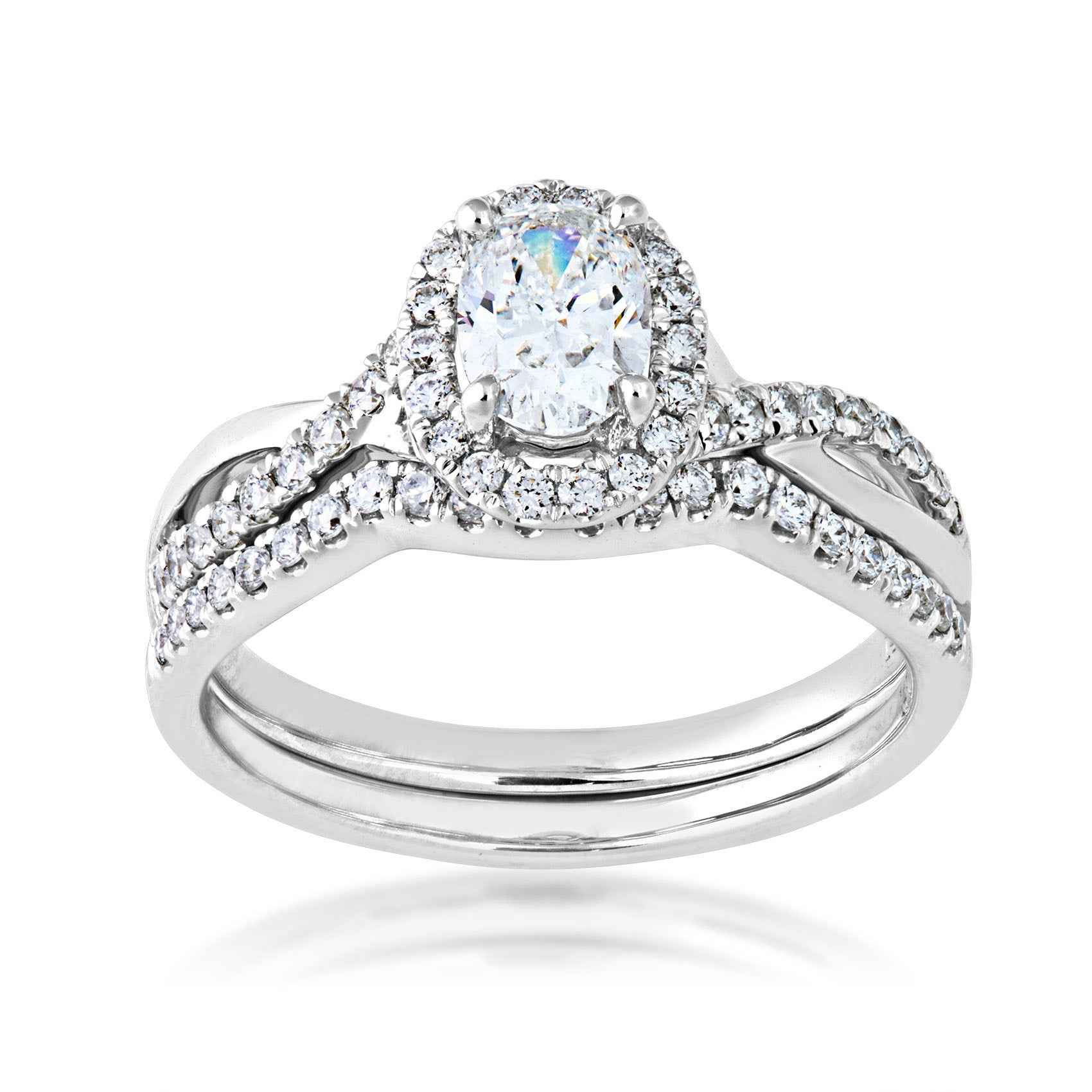 Canadian Rocks 5/6 ct. tw. Oval Diamond Halo Wedding Set with Twisted Designed Band in 14K White Gold