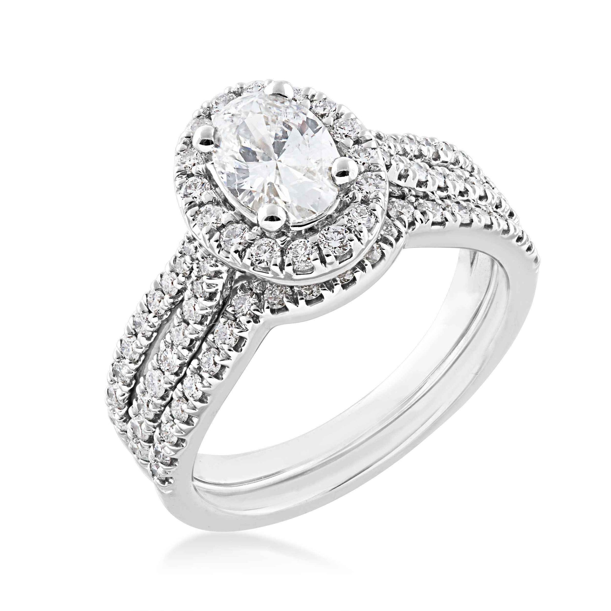 Noventa 1-1/2 ct. tw. Oval Diamond Halo Wedding Set with Cut-Out Accented Band in 14K White Gold front view