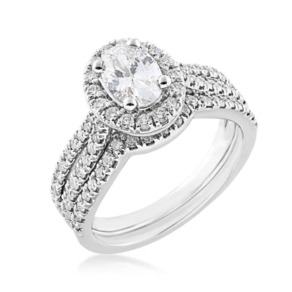 Noventa 1-1/2 ct. tw. Oval Diamond Halo Wedding Set with Cut-Out Accented Band in 14K White Gold front view