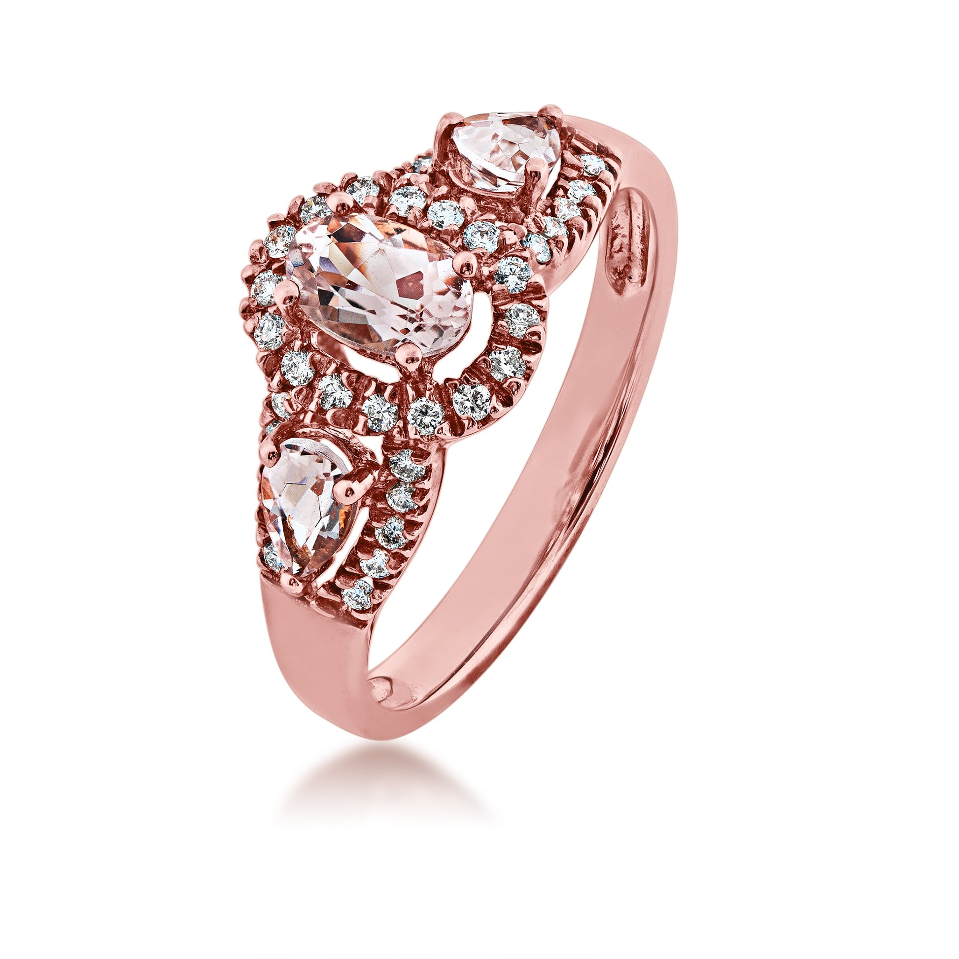 Genuine Oval & Pear Shaped Morganite Fashion Ring with 1/5 ct. tw. Diamond Halos in 10K Pink Gold front view