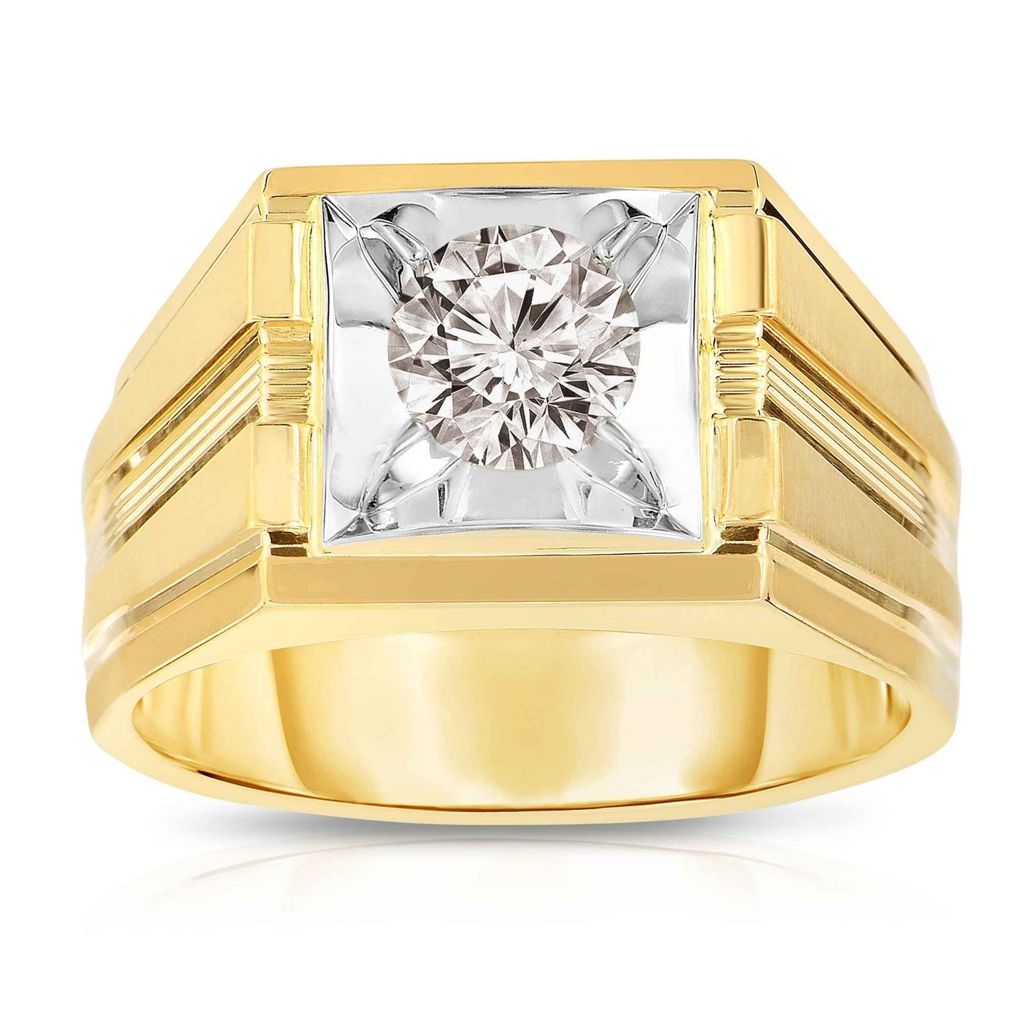 Men's 9/10 ct. tw. Round Brilliant Diamond Wedding Band with Signet Style Setting with Brushed & Polished Band Details in 10K