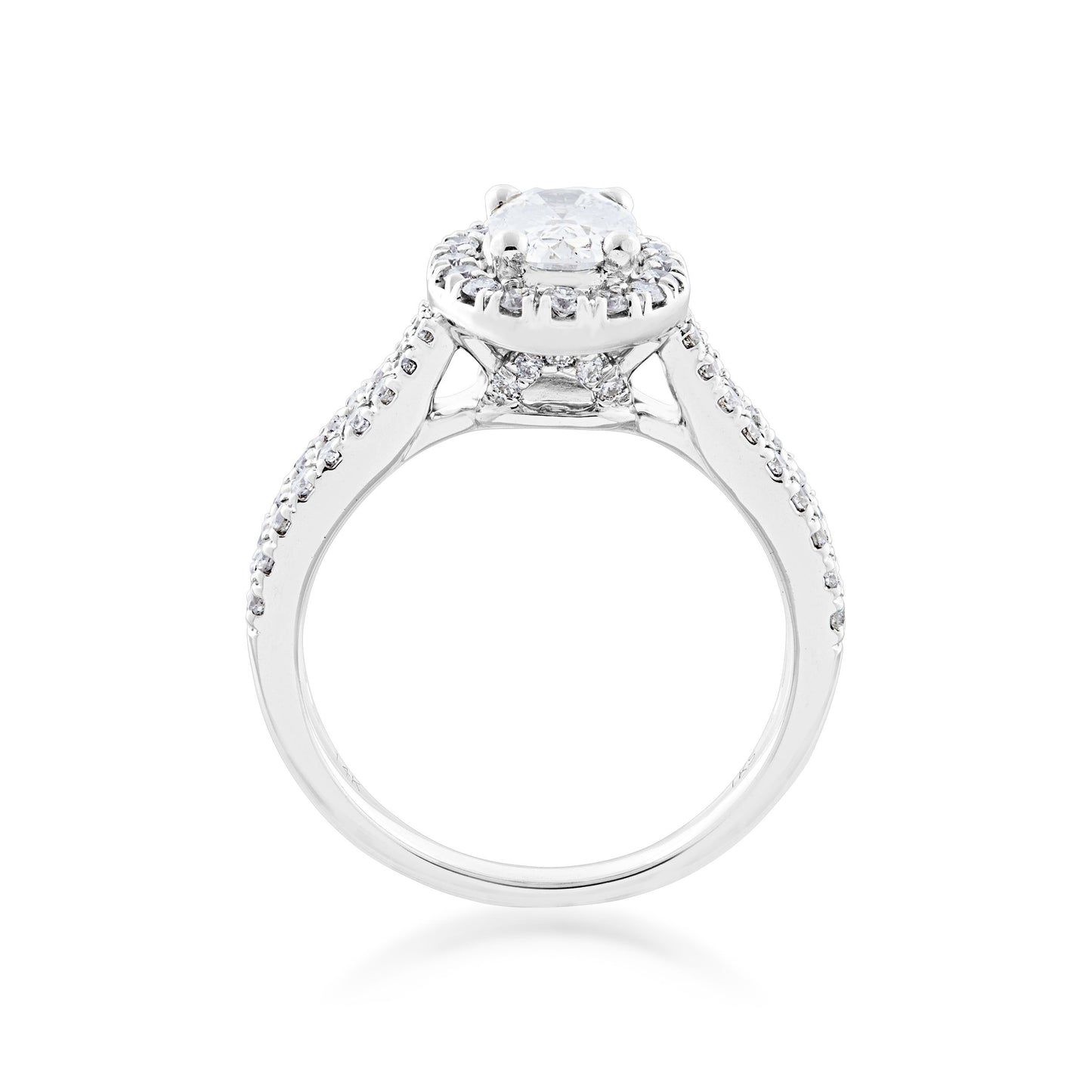 Noventa 1-1/2 ct. tw. Oval Diamond Halo Wedding Set with Cut-Out Accented Band in 14K White Gold side profile