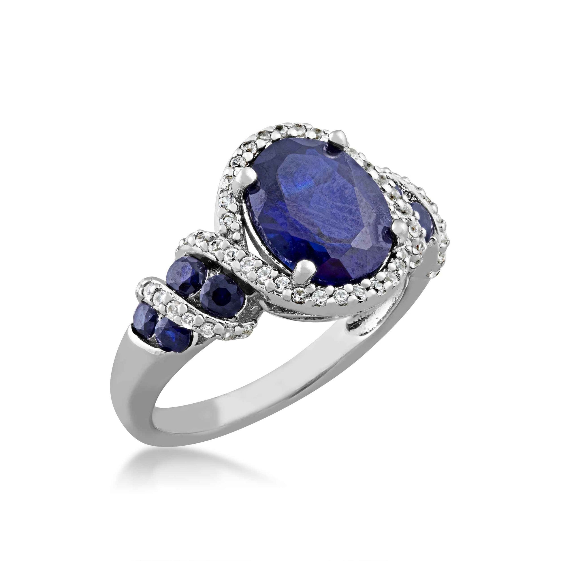 Created Blue Sapphire and Created White Sapphire Oval Fashion Ring with Wraparound Design in Sterling Silver front view