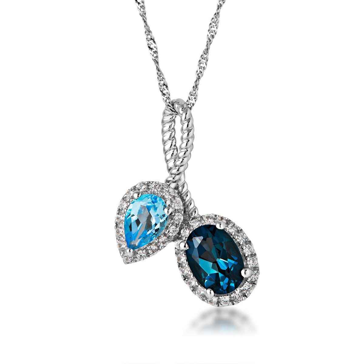 Genuine Oval London Blue & Pear Shaped Swiss Blue Topaz Pendant with Created White Sapphire Halos in Sterling Silver