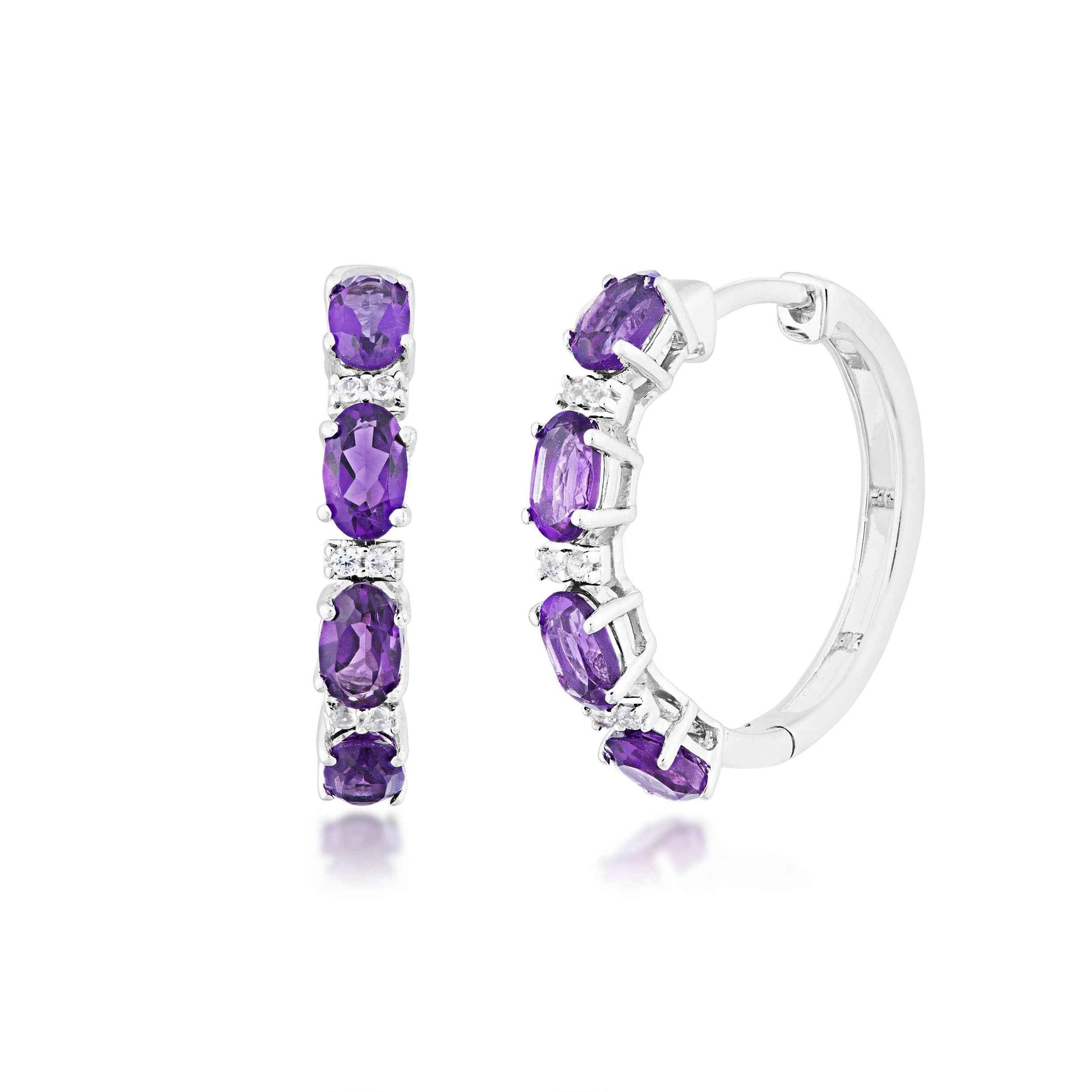 Amethyst and Created White Sapphire Hoop Earrings in Sterling Silver