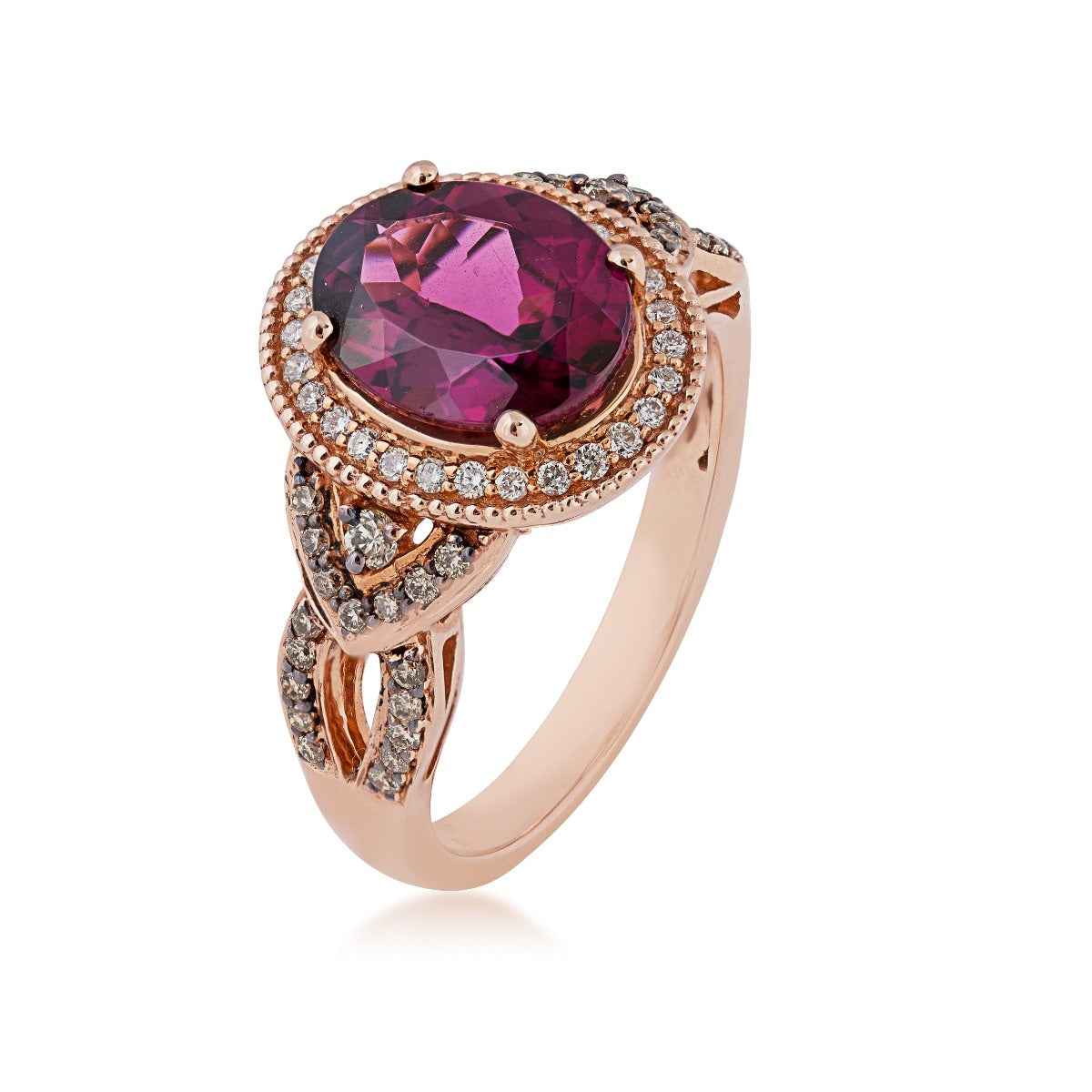 Oval Rhodolite Garnet and 3/8 ct. tw. Mocha and White Diamond Ring in 14K Pink Gold front view