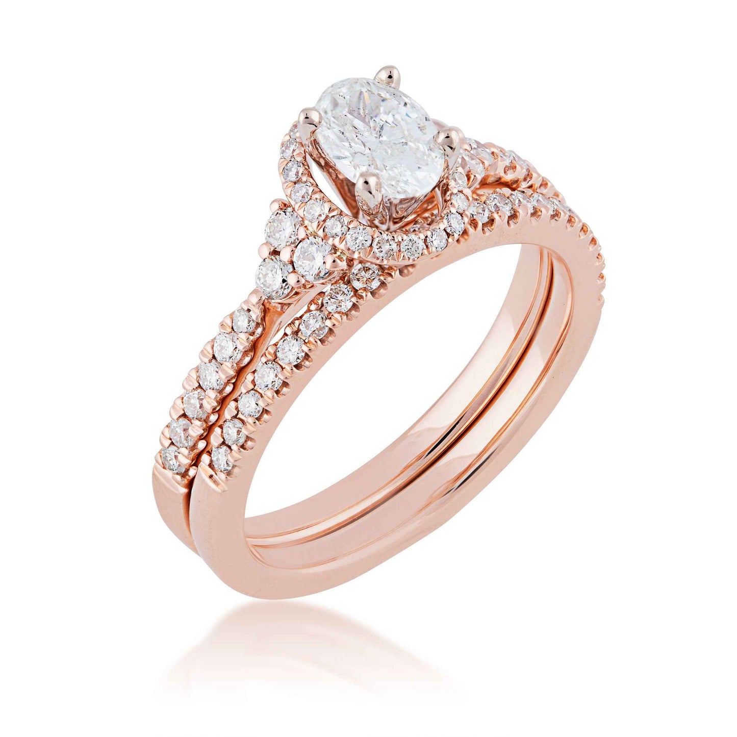 Noventa 1 ct. tw. Oval Diamond Hidden Halo Wedding Set with Cluster Diamond Accented Band in 14K Pink Gold front view
