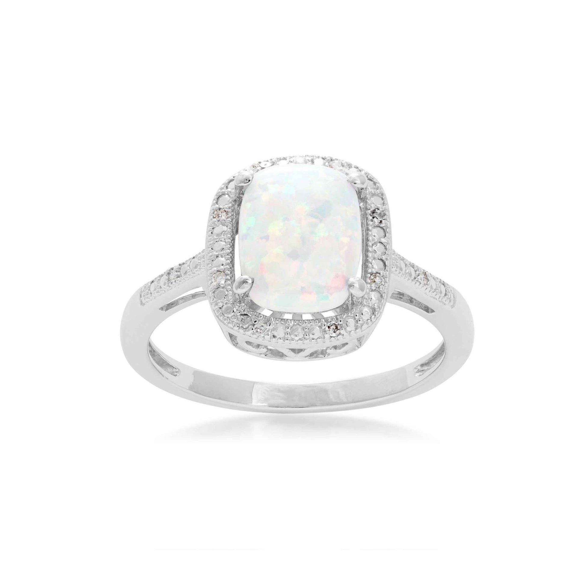 Created Round Cushion Cut Opal Fashion Ring with .04 ct. tw. Diamond Halo in Sterling Silver