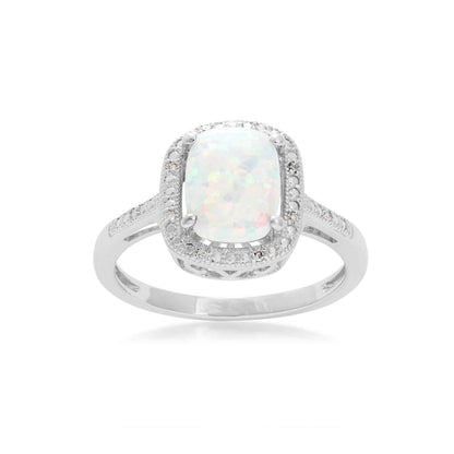 Created Round Cushion Cut Opal Fashion Ring with .04 ct. tw. Diamond Halo in Sterling Silver