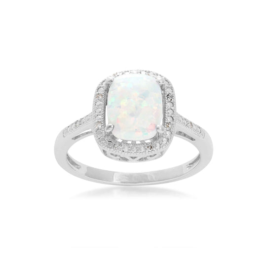 Created Round Cushion Cut Opal Fashion Ring with .04 ct. tw. Diamond Halo in Sterling Silver