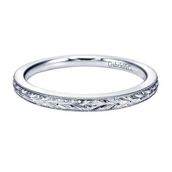 Gabriel & Co. Wedding Band with Carved Design and Milgrain Detailing in 14K White Gold