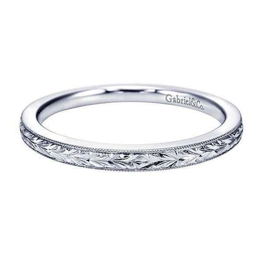 Gabriel & Co. Wedding Band with Carved Design and Milgrain Detailing in 14K White Gold