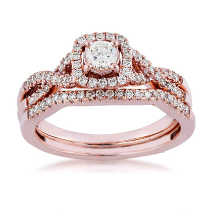 True Promise 5/8 ct. tw. Round Brilliant Diamond Halo Wedding Set with Twisted Band Design in 10K Pink Gold