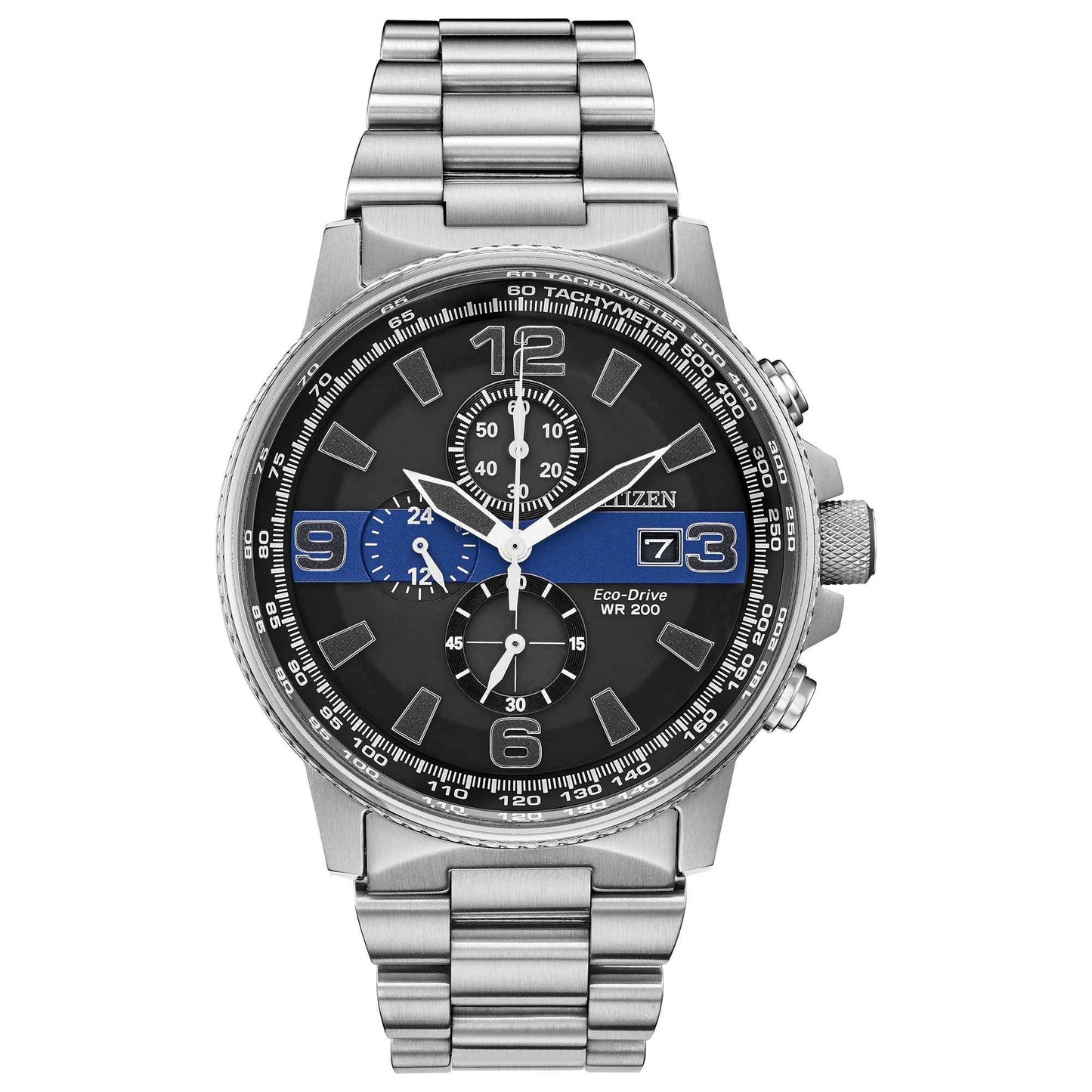 Citizen Men's Eco-Drive Chronograph Thin Blue Line Series Watch with Black Dial in Stainless Steel