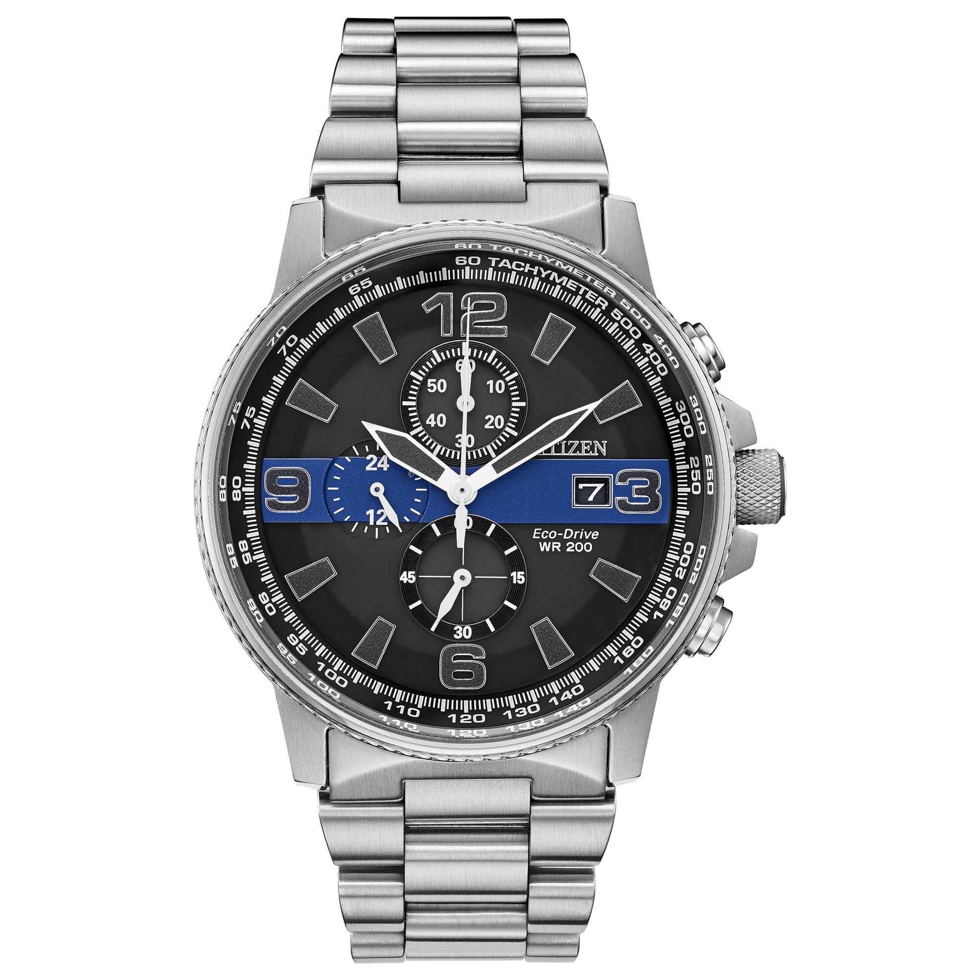 Citizen Men's Eco-Drive Chronograph Thin Blue Line Series Watch with Black Dial in Stainless Steel