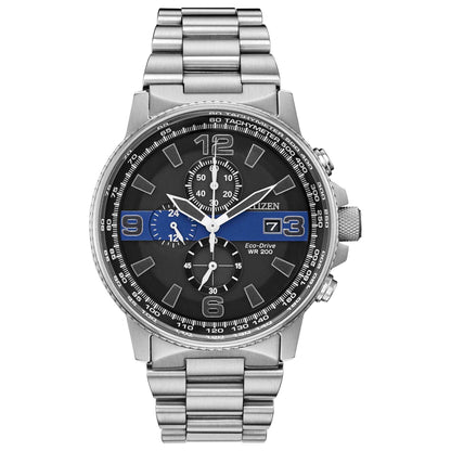 Citizen Men's Eco-Drive Chronograph Thin Blue Line Series Watch with Black Dial in Stainless Steel