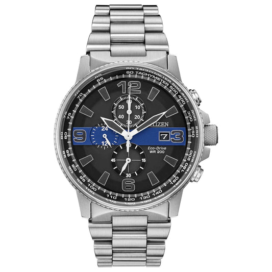 Citizen Men's Eco-Drive Chronograph Thin Blue Line Series Watch with Black Dial in Stainless Steel