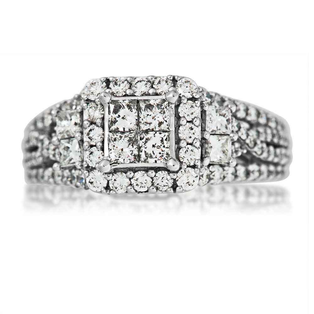 1-5/8ct. tw Quad Diamond Halo Engagement Ring in 14k White Gold front view