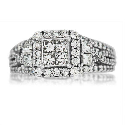 1-5/8ct. tw Quad Diamond Halo Engagement Ring in 14k White Gold front view