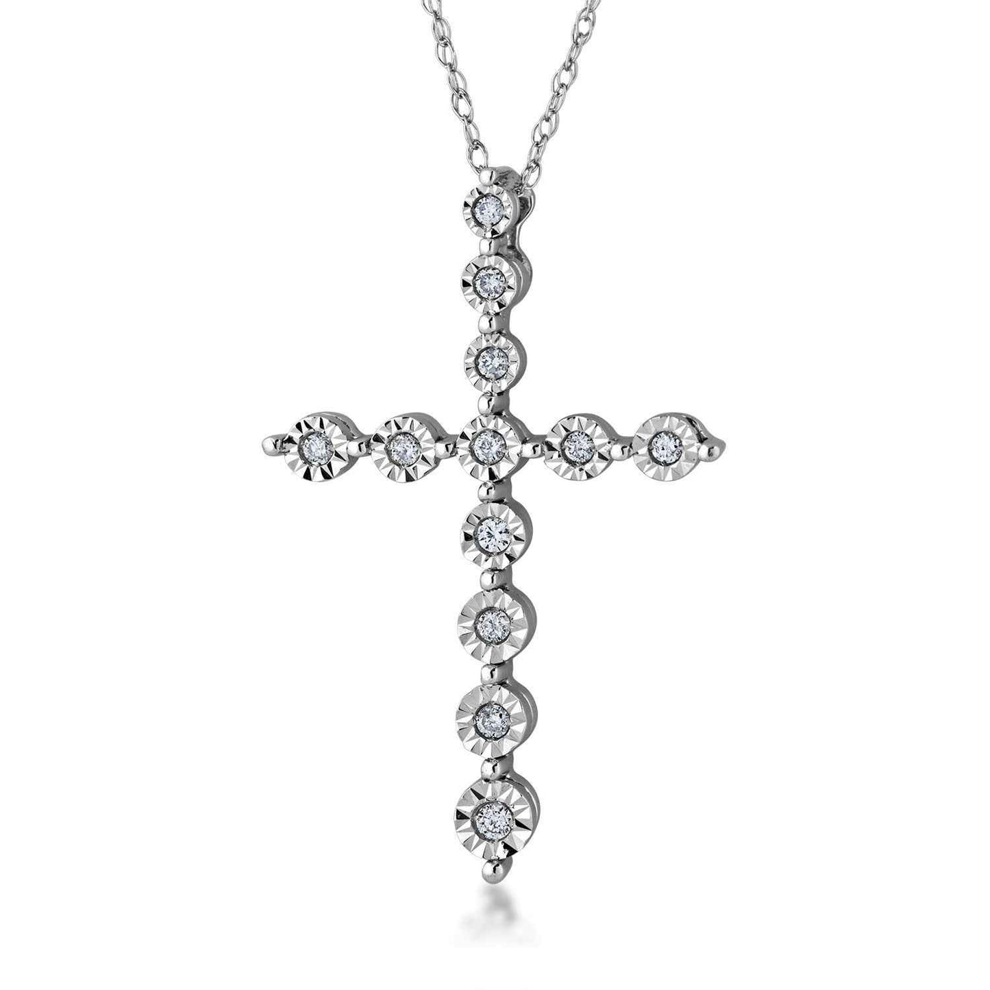 .08 ct. tw. Round Bezel Style Diamond Cross Pendant with Miracle Plating in 10K White Gold