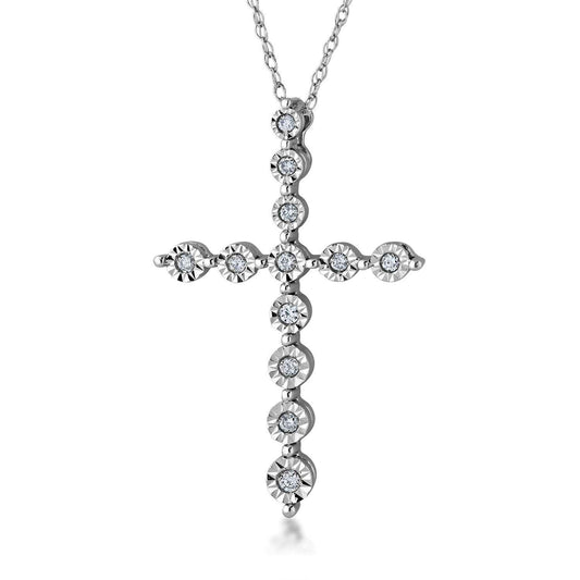 .08 ct. tw. Round Bezel Style Diamond Cross Pendant with Miracle Plating in 10K White Gold