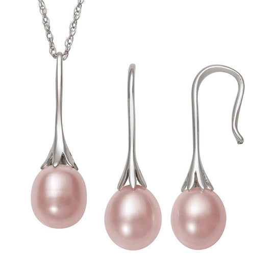 Dyed Pink Freshwater Drop Pearl Fashion Earrings & Pendant Set in Sterling Silver