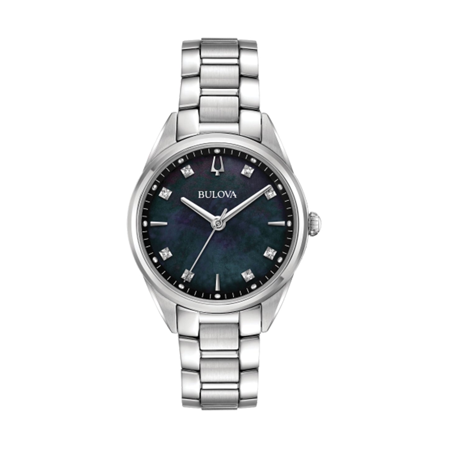 Bulova Ladies' Sutton Stainless Steel Watch with Black Mother-of-Pearl Dial and Silver Link Band