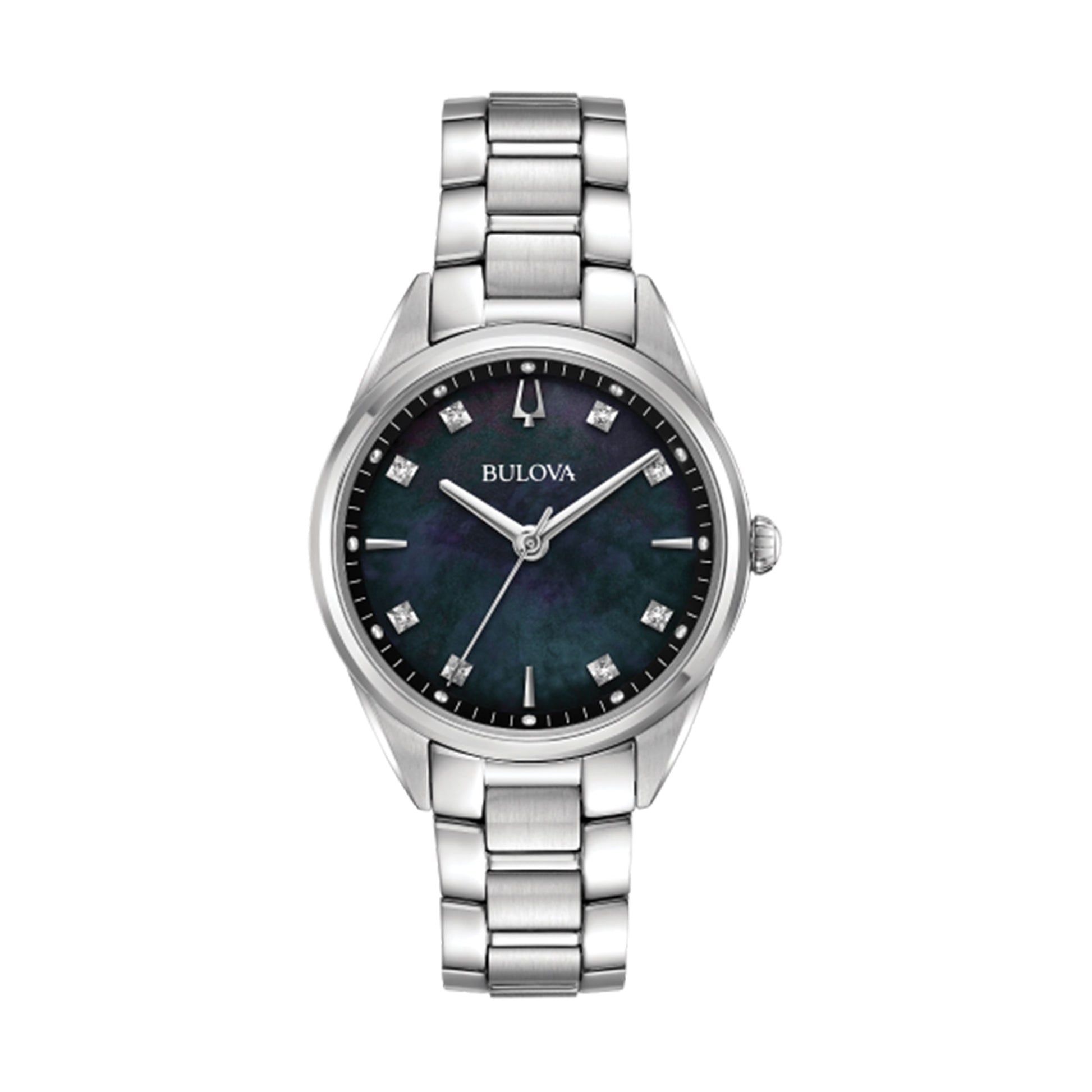 Bulova Ladies' Sutton Stainless Steel Watch with Black Mother-of-Pearl Dial and Silver Link Band