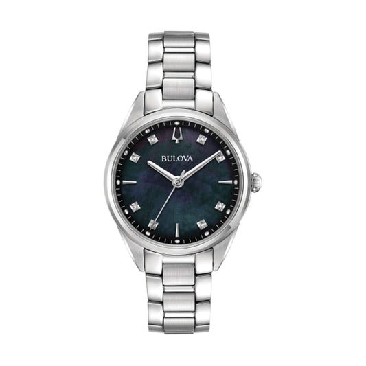 Bulova Ladies' Sutton Stainless Steel Watch with Black Mother-of-Pearl Dial and Silver Link Band