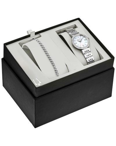 Bulova Ladies' Fashion Watch & Bracelet Set with Mother of Pearl Dial in Stainless Steel front view