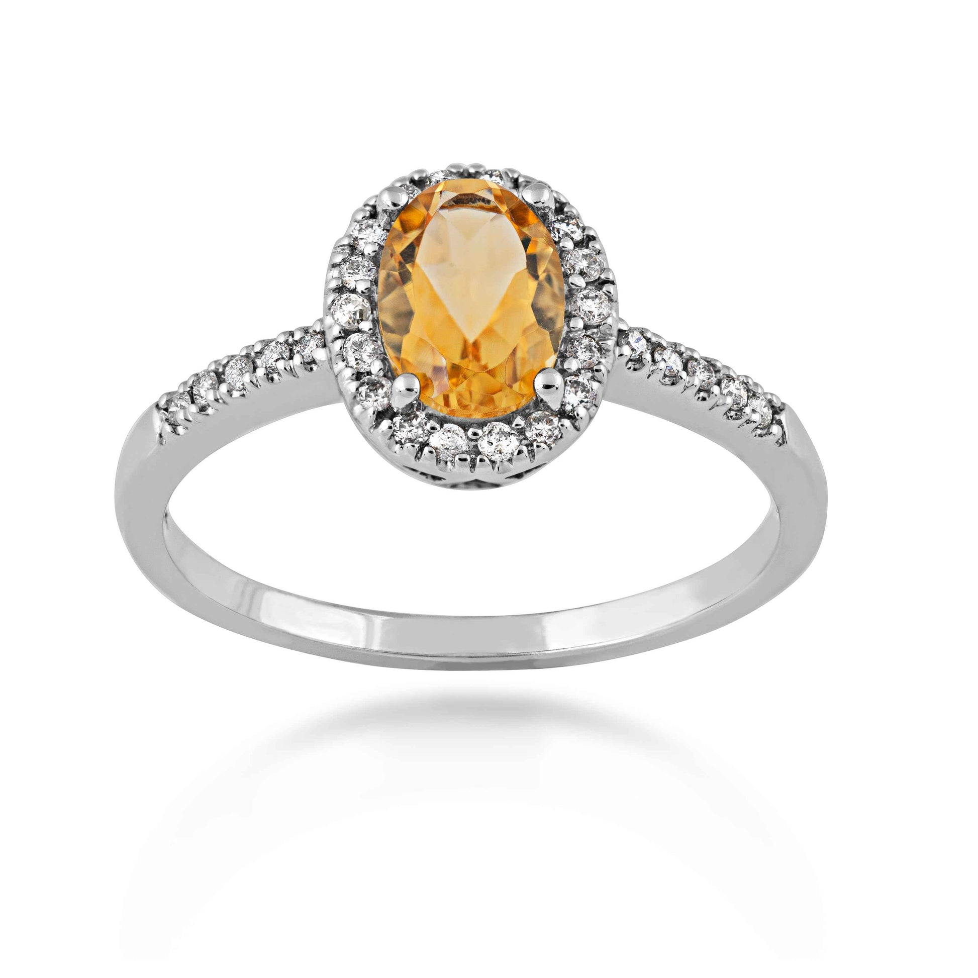 Genuine Oval Orange Citrine Fashion Ring with 1/8 ct. tw. Diamond Halo & Band in 10K White Gold