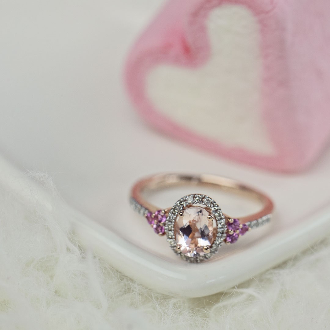 Impulse Collection Genuine Oval Morganite Fashion Ring with 1/10 ct. tw. Diamond Halo & Pink Sapphire Accented clasp detail