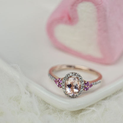 Impulse Collection Genuine Oval Morganite Fashion Ring with 1/10 ct. tw. Diamond Halo & Pink Sapphire Accented clasp detail