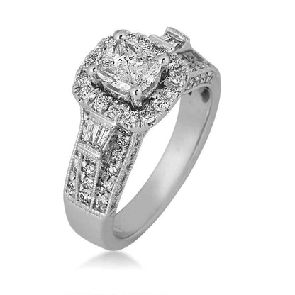 1-1/2 ct. tw. Cushella Diamond Halo Engagement Ring with Side Baguette and Milgrain Design in 14K White Gold front view