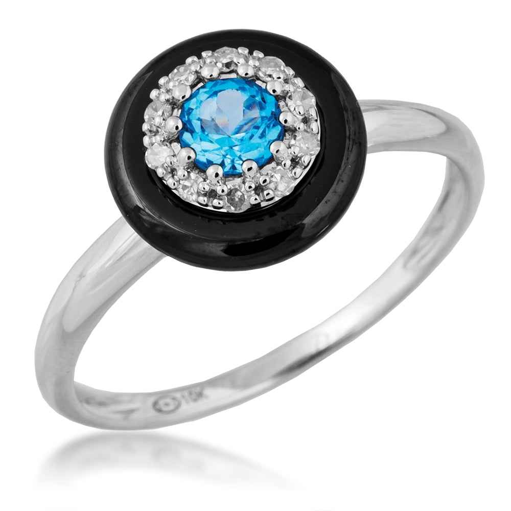 Genuine Round Swiss Blue Topaz Fashion Ring with .06 ct. tw. Diamond Halo in 10K White Gold
