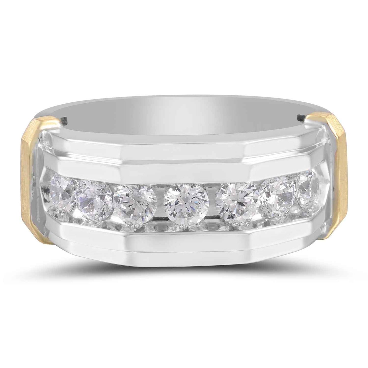 1 ct. tw. Men's Round Brilliant Channel-Set Diamond Hexagon Inspired Wedding Band in 10K White & Yellow Gold