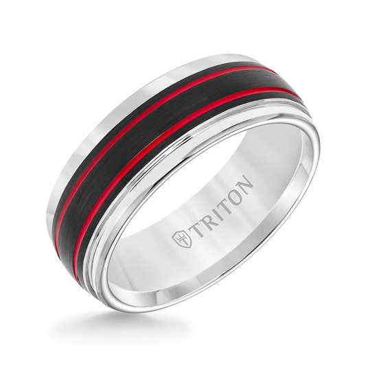 Triton Men's 8MM Tungsten Wedding Band with Black and Red Stripes
