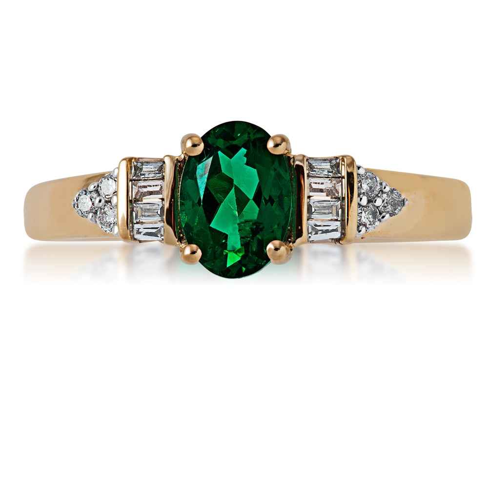 Created Oval Emerald Ring with 1/8 ct. tw. Round & Baguette Diamonds in 10K Yellow Gold front view