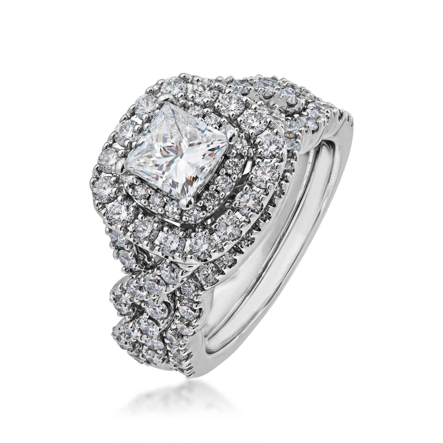 Natural 2-1/2 ct. tw. Princess Cut Diamond Double Halo Twist Wedding Set in 14K White Gold front view