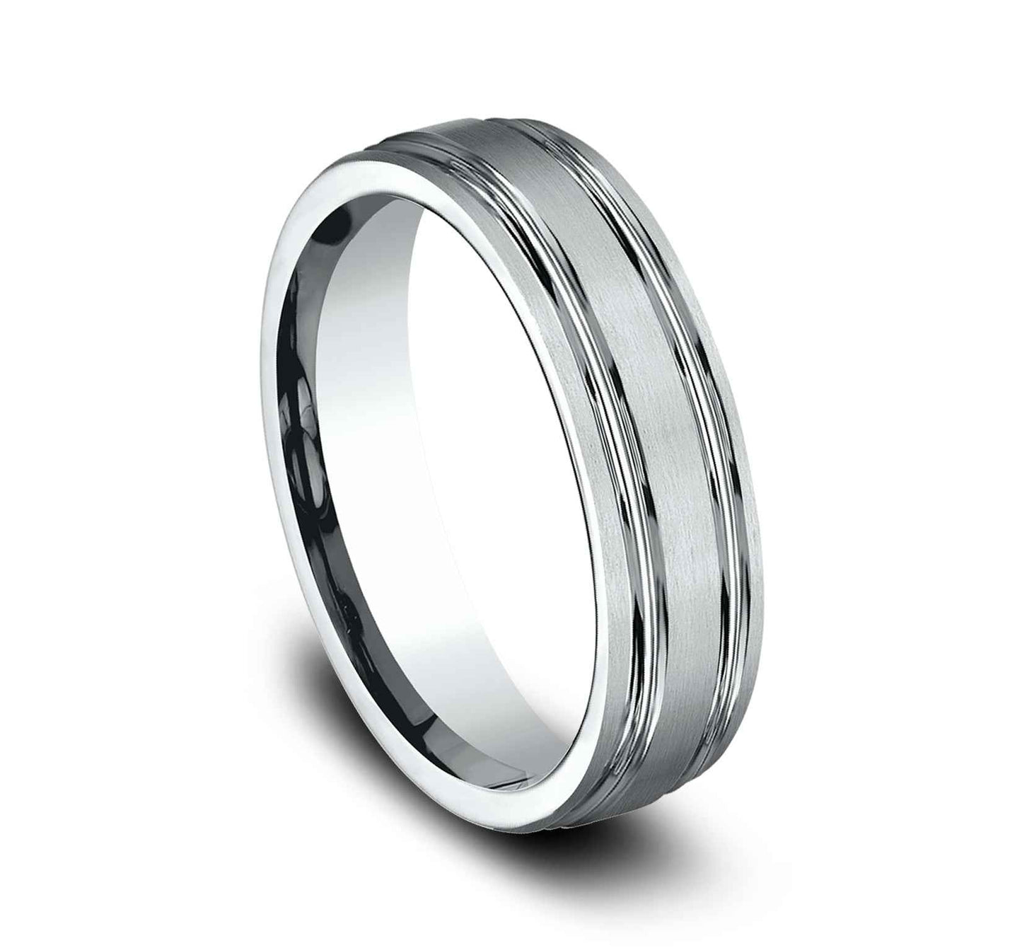 Benchmark Men's 4mm Comfort-Fit Wedding Band with Two High-Polished Parallel Grooves and Satin Center in 14K White front view